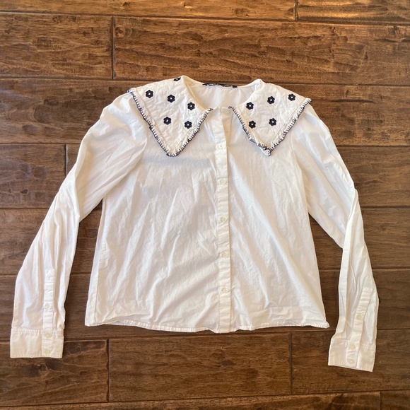 Zara Poplin White Embroidered Blouse Size Small Peter Pan Collar 100% Cotton - Picture 1 of 8